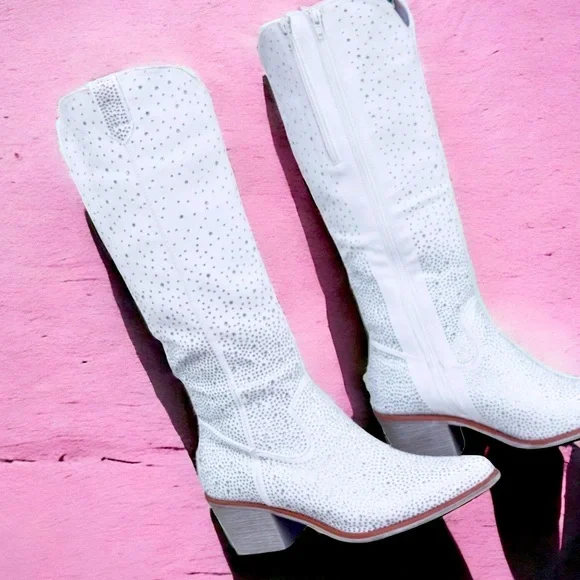 Pierre Dumas White Faux Suede Rhinestone Embellished Tall Western Cowboy Boots - Picture 3 of 5